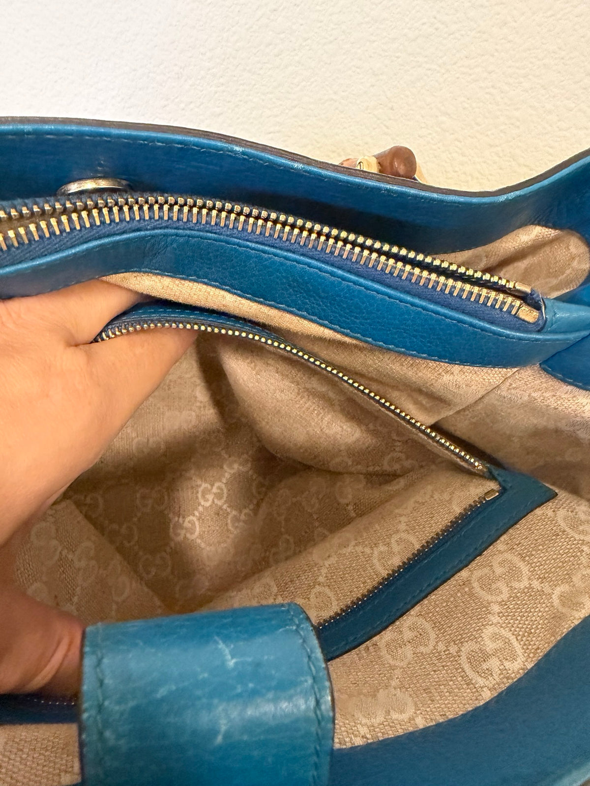 Gucci Bamboo Diana Large Tote, Blue Pebbled Leather (Fair, Priced to Match)