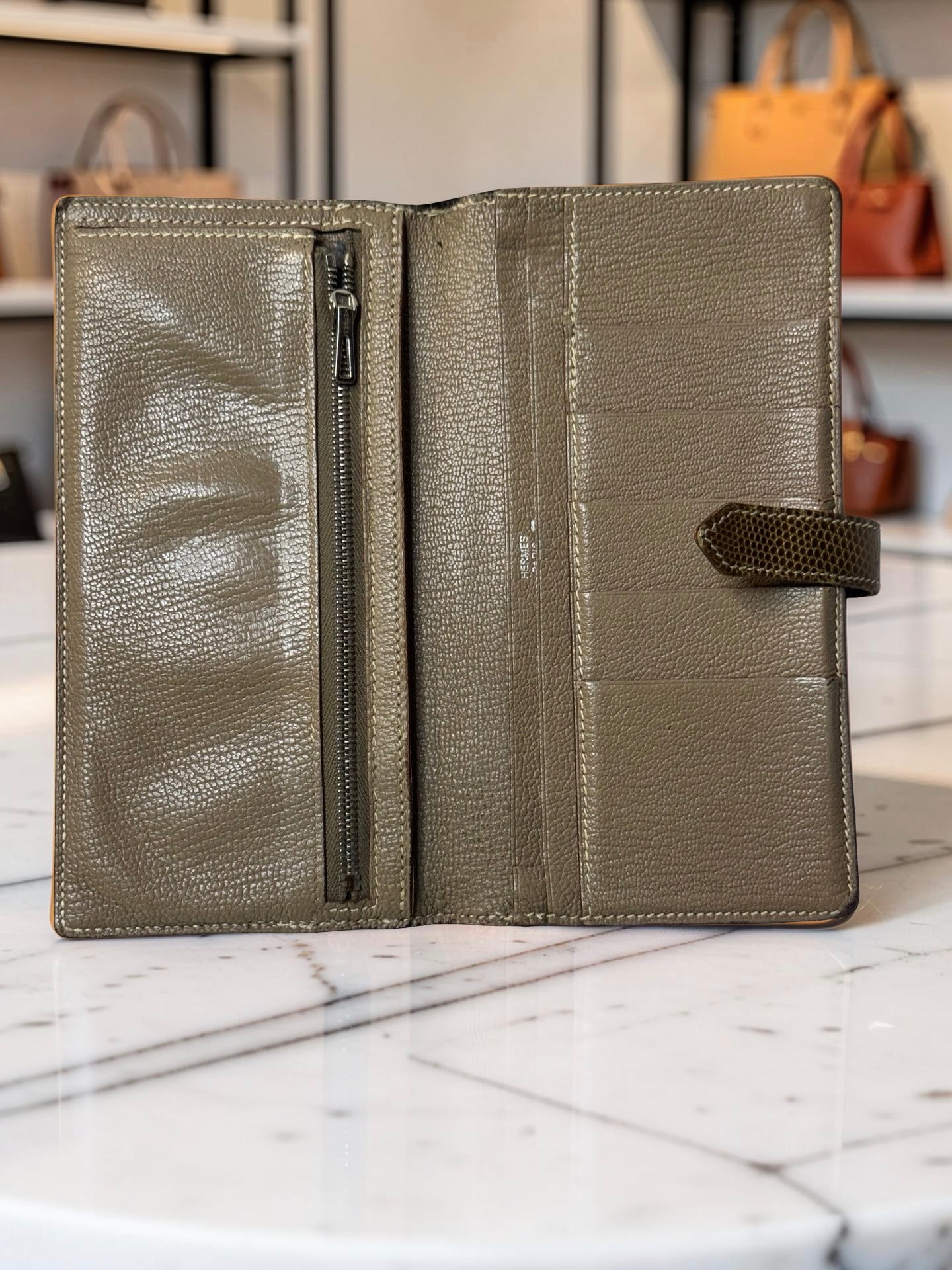 Hermès Béarn Long Wallet – Taupe Lizard Skin (Lézard), Palladium Hardware (Pre-Owned)