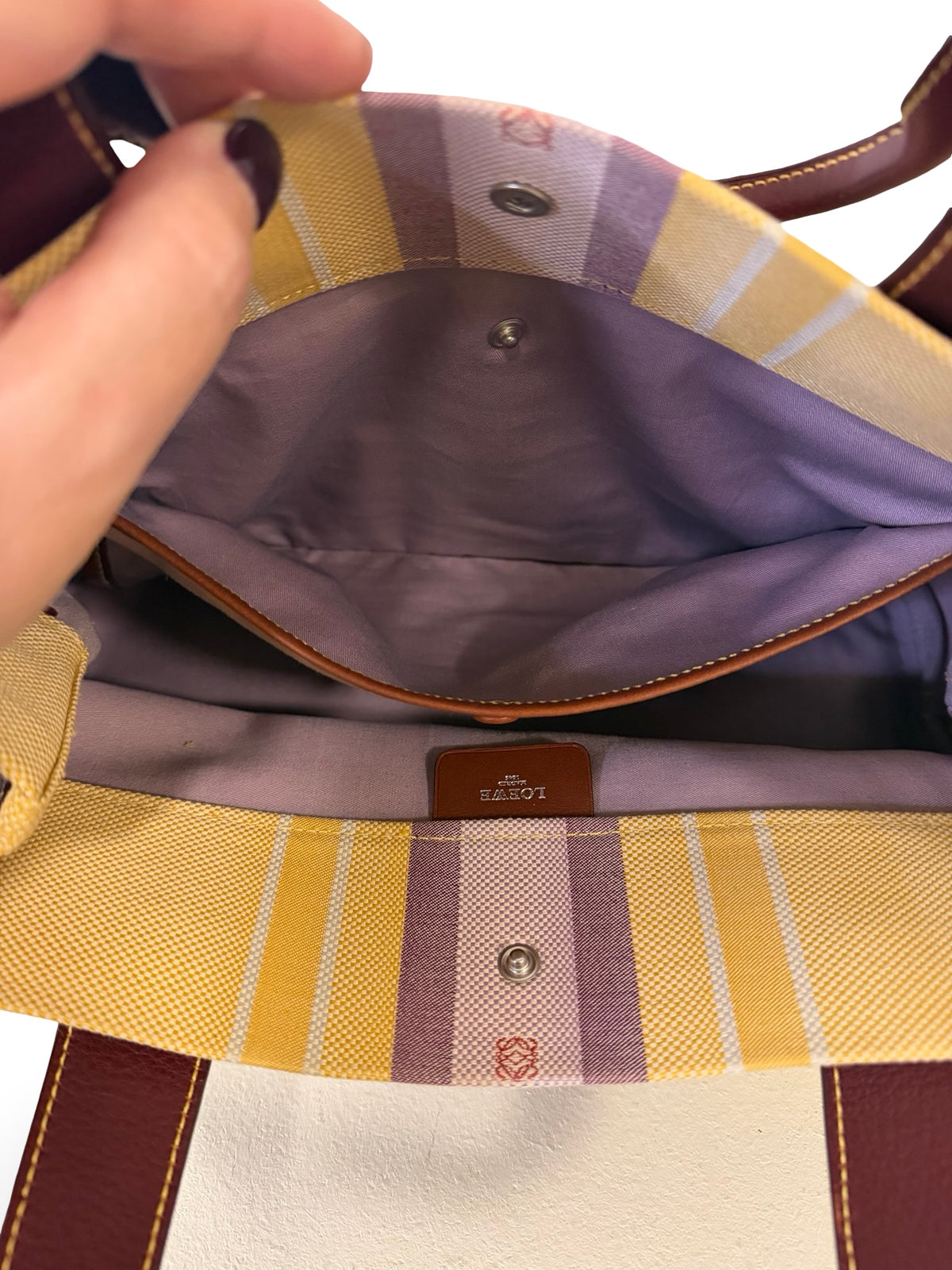 Loewe Vintage Striped Canvas Tote, Yellow with Bordeaux Leather Trim