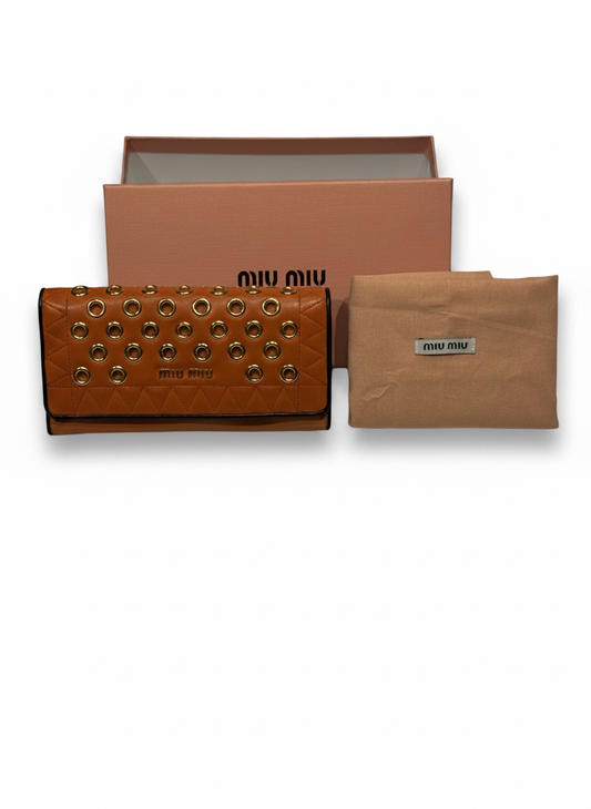 Miu Miu Grommet Continental Wallet — Cognac & Gold