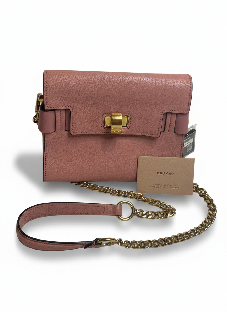 Miu Miu Madras Leather Flap Crossbody — Dusty Rose