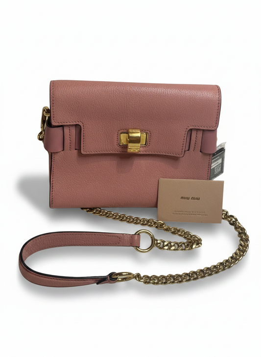 Miu Miu Madras Leather Flap Crossbody — Dusty Rose
