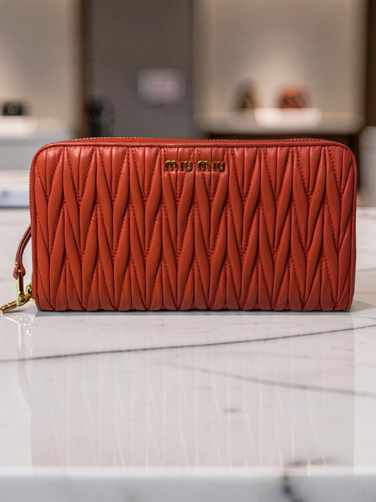 Miu Miu Matelassé Zip-Around Continental Wallet — Coral