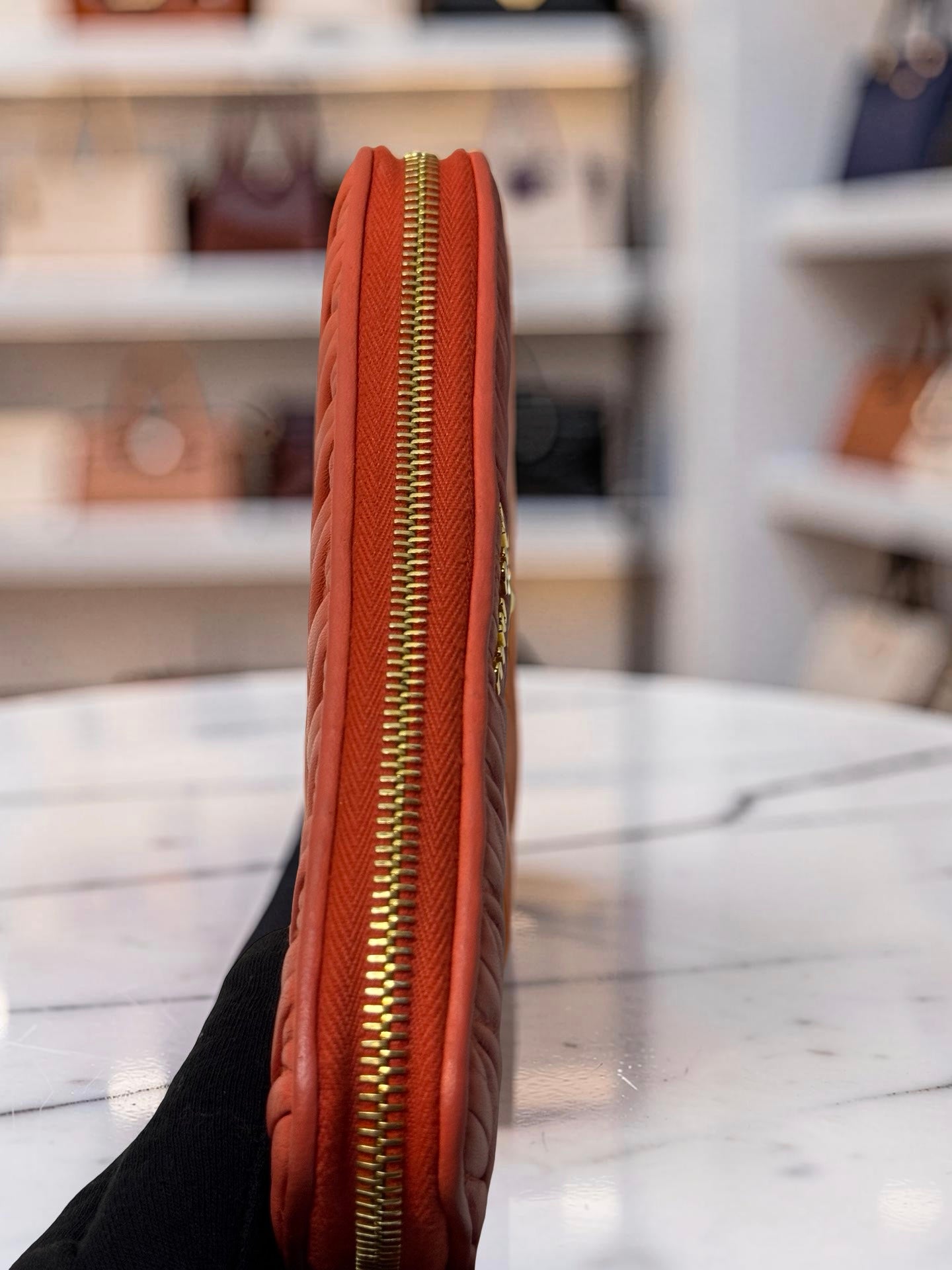 Miu Miu Matelassé Zip-Around Continental Wallet — Coral