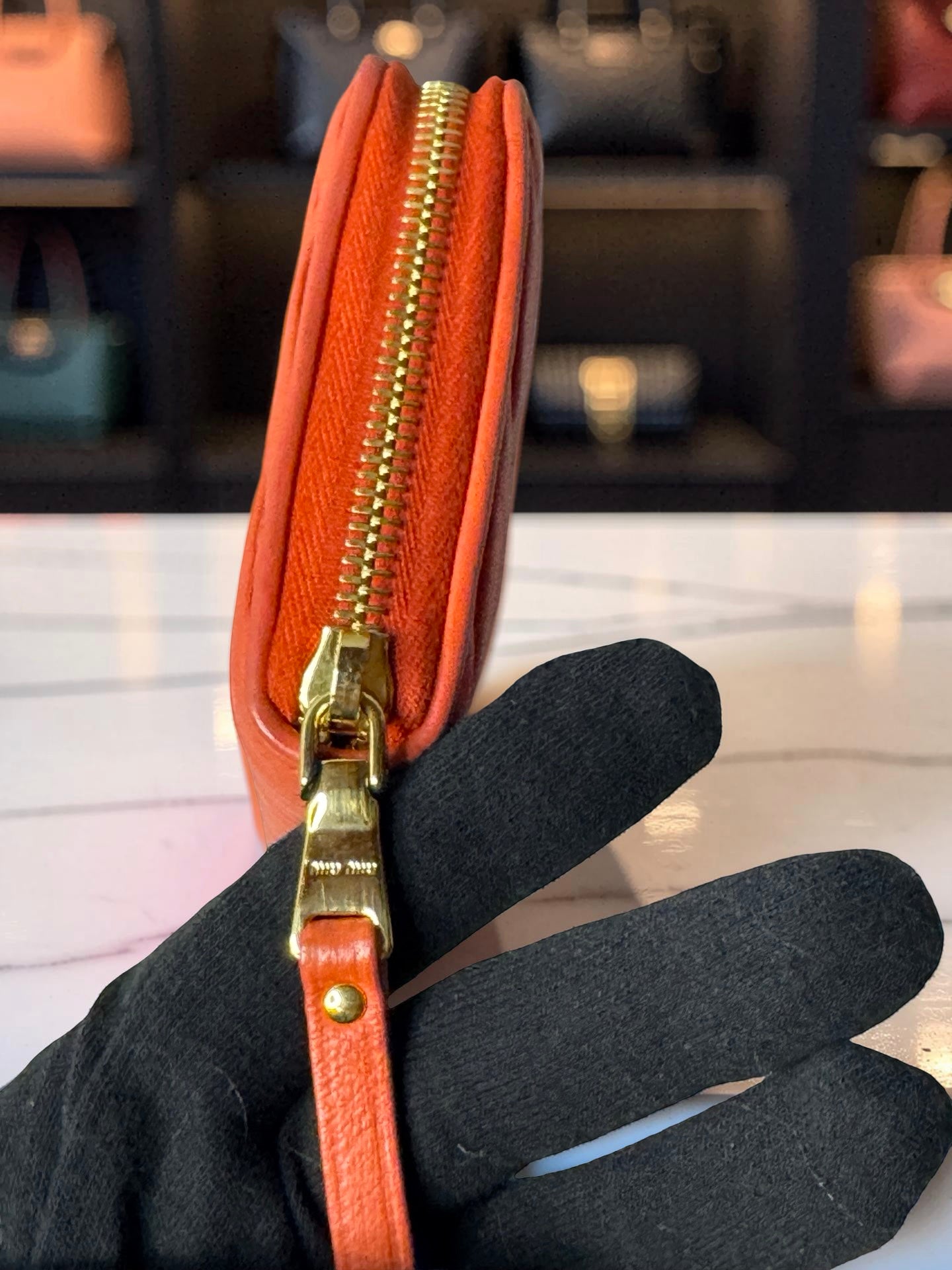 Miu Miu Matelassé Zip-Around Continental Wallet — Coral