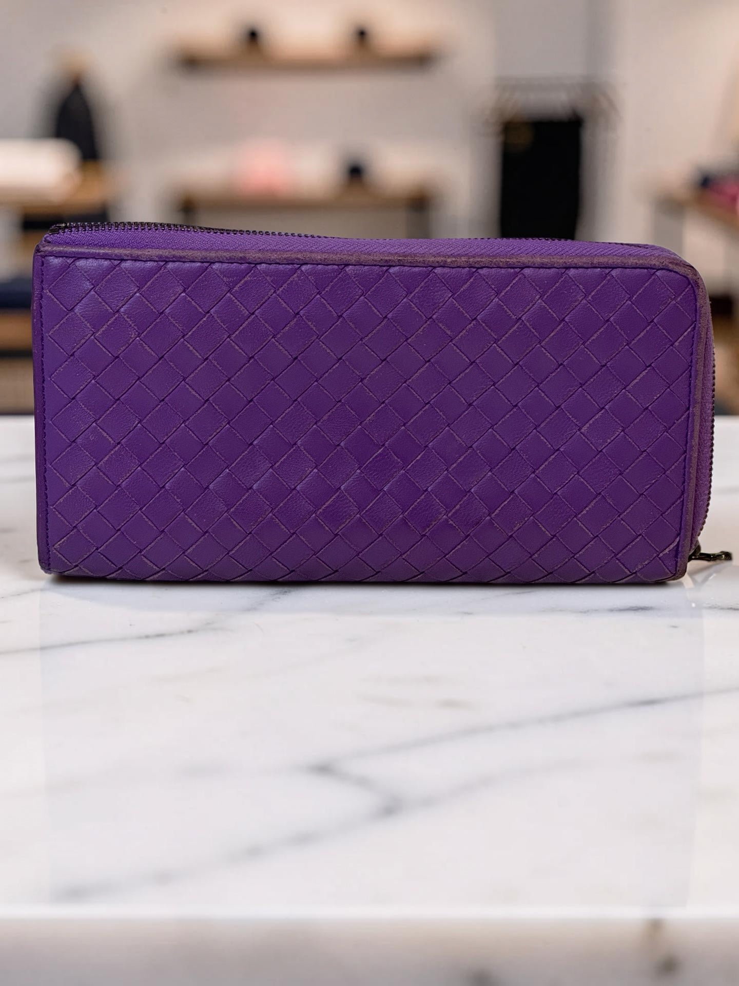 Bottega Veneta Intrecciato Zip-Around Wallet — Purple