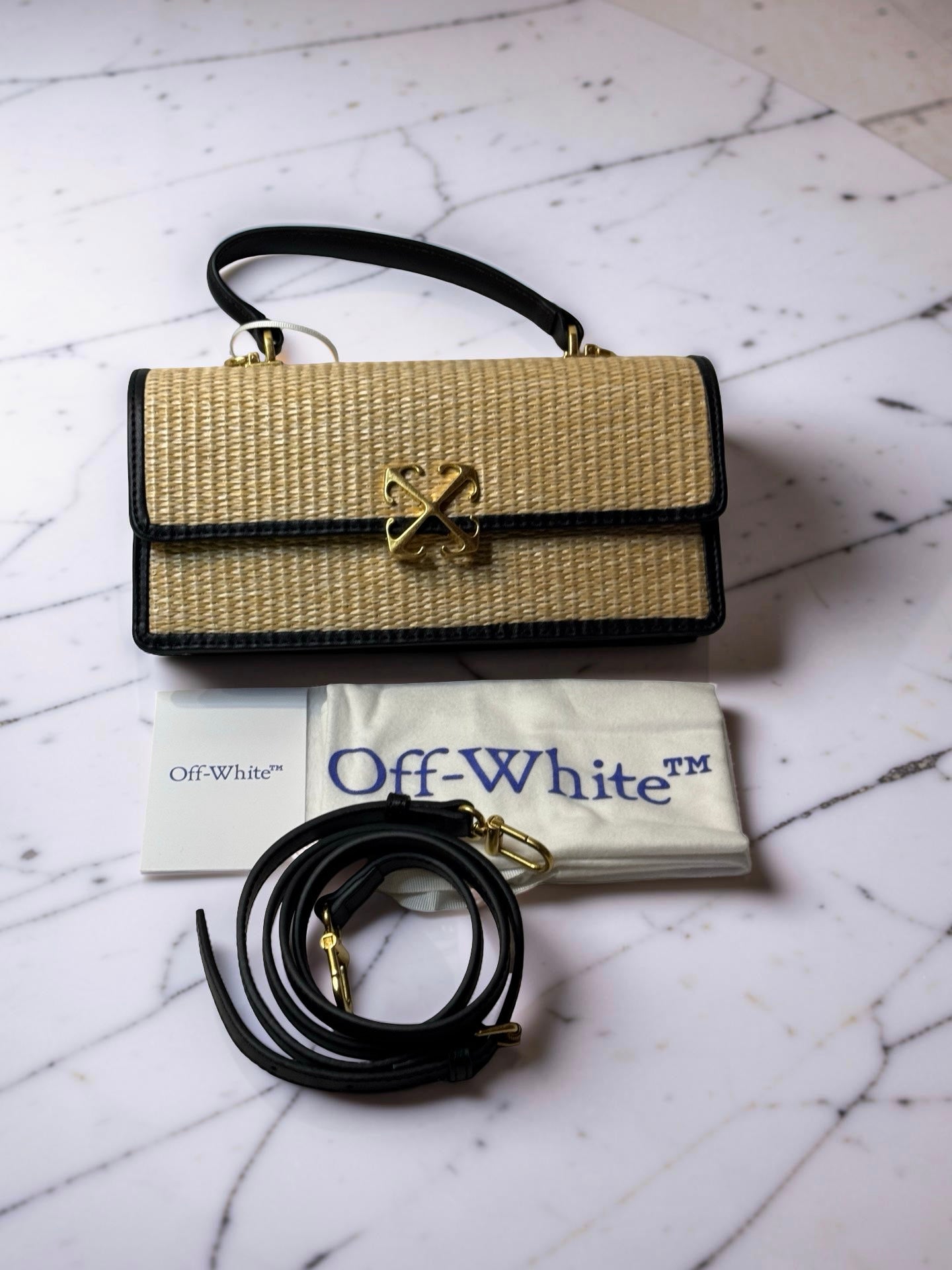 Off-White Raffia Top Handle Crossbody Bag — Natural/Black — New With Tags