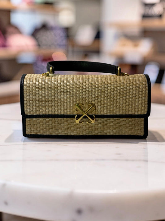 Off-White Raffia Top Handle Crossbody Bag — Natural/Black — New With Tags