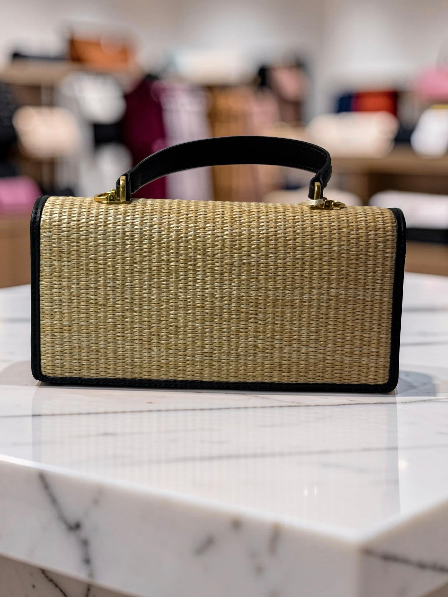 Off-White Raffia Top Handle Crossbody Bag — Natural/Black — New With Tags