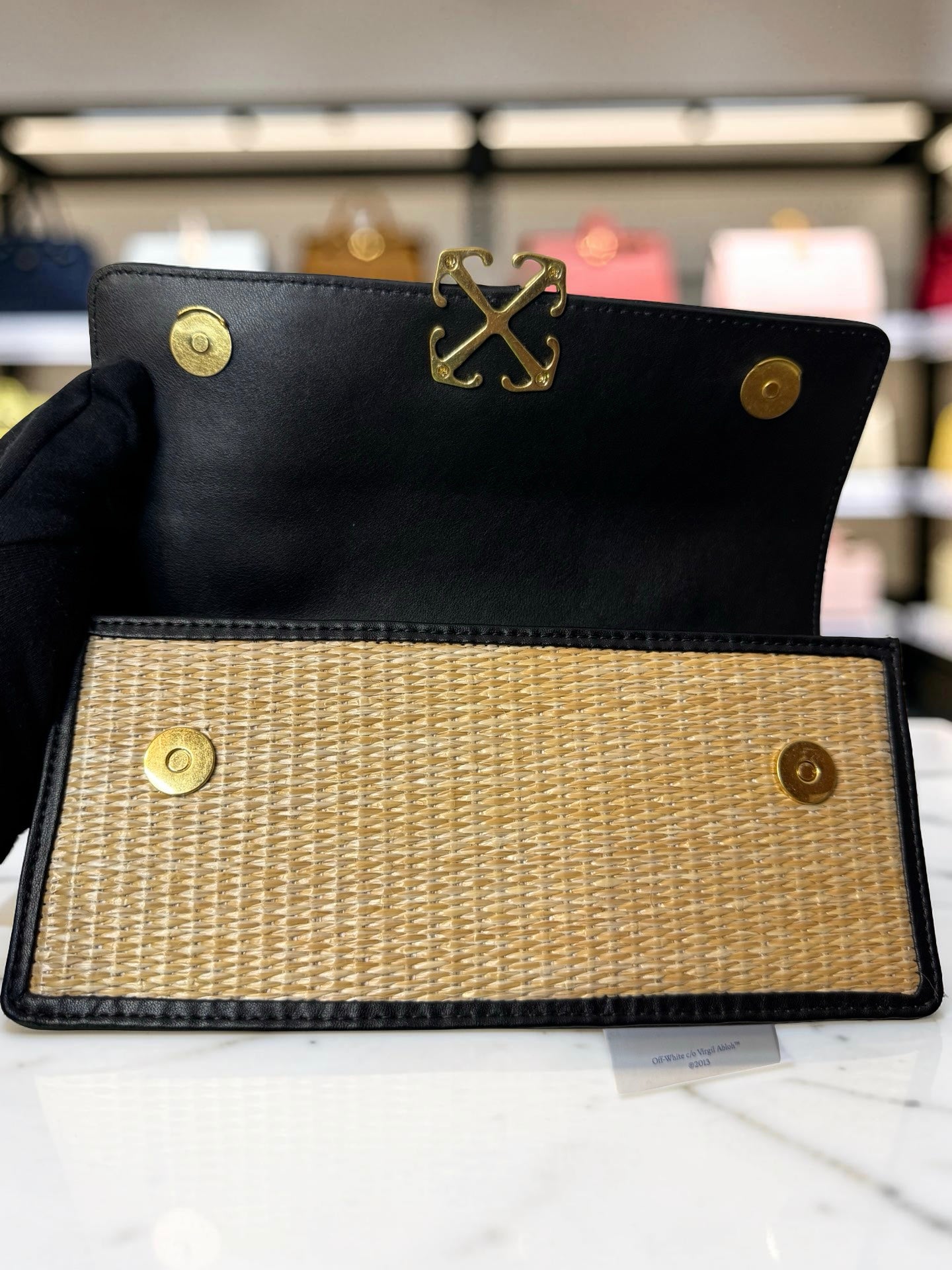 Off-White Raffia Top Handle Crossbody Bag — Natural/Black — New With Tags