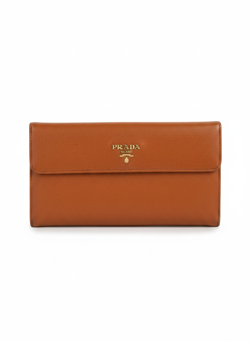 Prada Saffiano Leather Long Wallet — Cognac