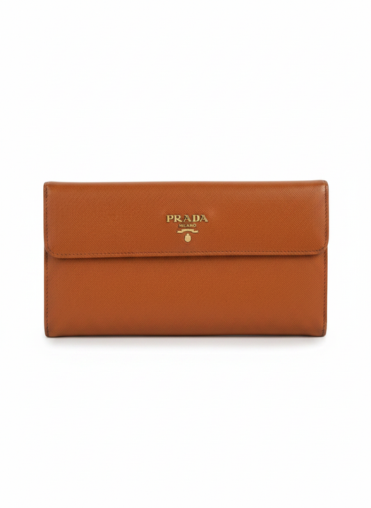 Prada Saffiano Leather Long Wallet — Cognac