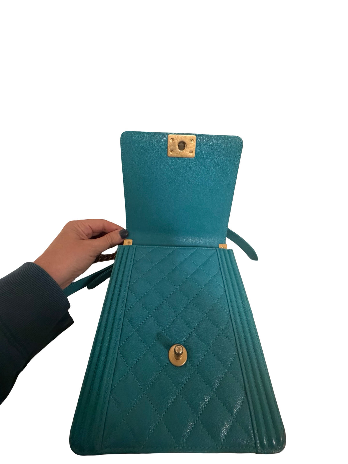 Chanel North South Boy Flap, Turquoise Caviar
