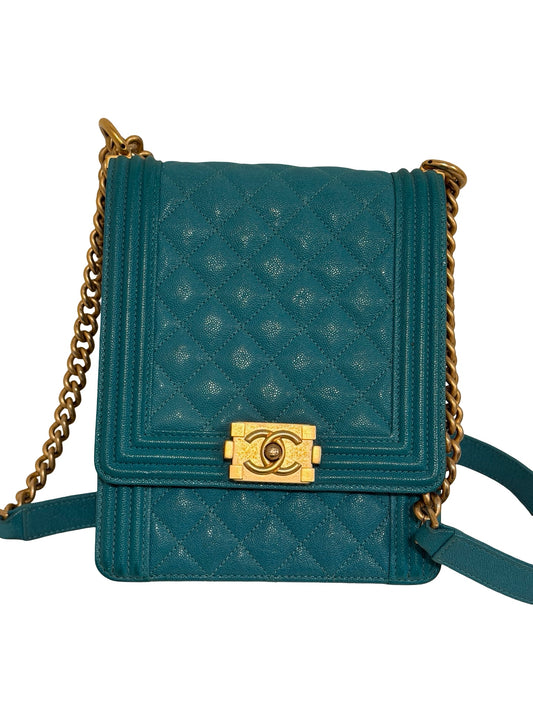 Chanel North South Boy Flap, Turquoise Caviar