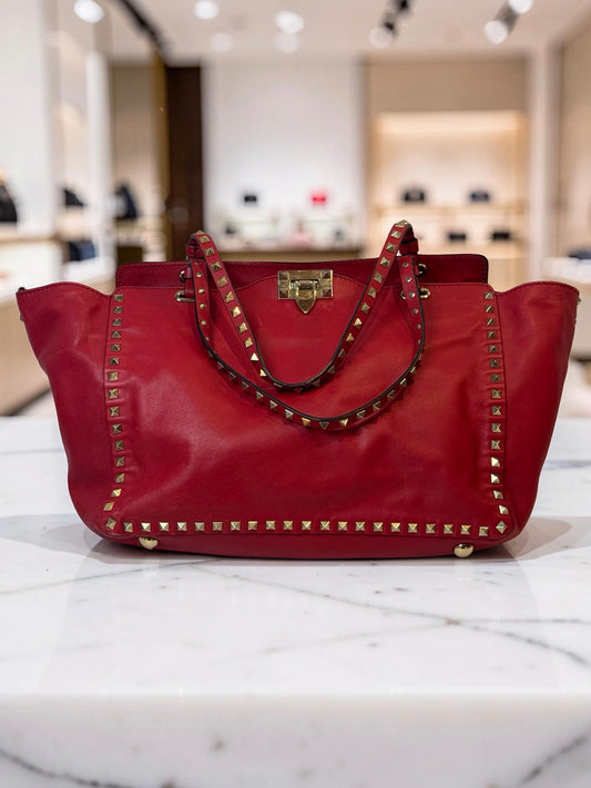 Valentino Rockstud Large Tote – Red Calfskin, Gold Hardware